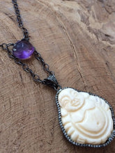 Load image into Gallery viewer, Carved Bone Buddha Necklace | Pave Diamond  | Amethyst | Oxidized Sterling Silver | Gemstone | Bohemian
