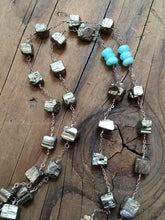 Load image into Gallery viewer, Pyrite Necklace | Turquoise Howlite | Peace Sign Necklace | Rosary Necklace | Bohemian | Sale
