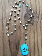 Load image into Gallery viewer, Pyrite Necklace | Turquoise Howlite | Peace Sign Necklace | Rosary Necklace | Bohemian | Sale
