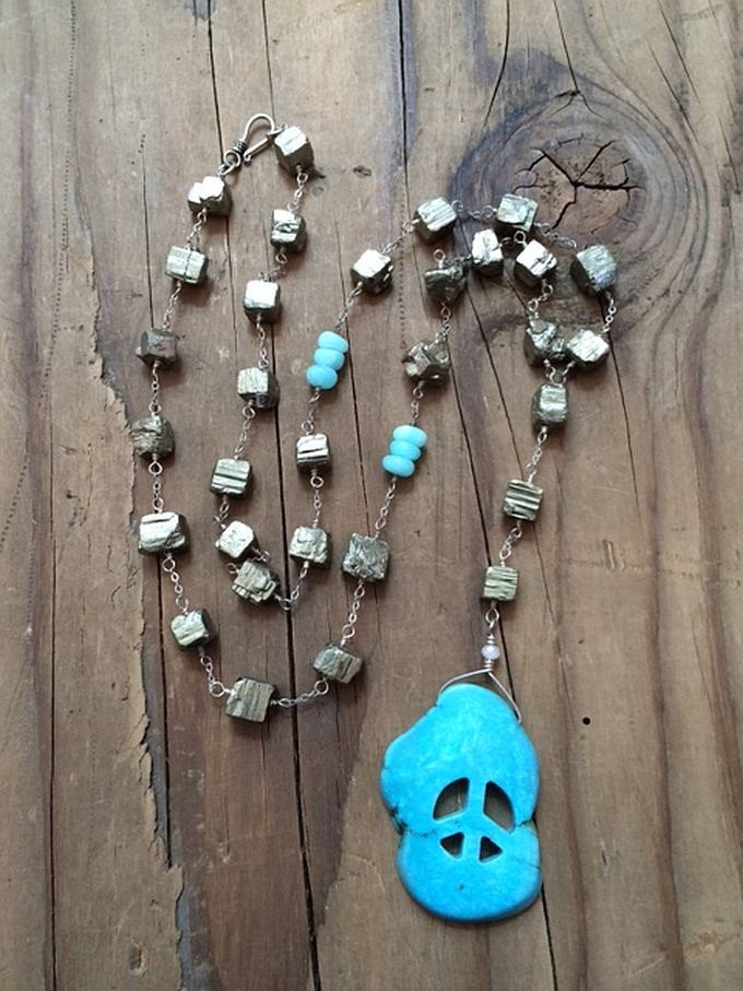 Pyrite Necklace | Turquoise Howlite | Peace Sign Necklace | Rosary Necklace | Bohemian | Sale