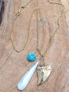 Gold Shark Tooth Necklace / Pearl Chalcedony Necklace / Bohemian Necklace / Gemstone Necklace